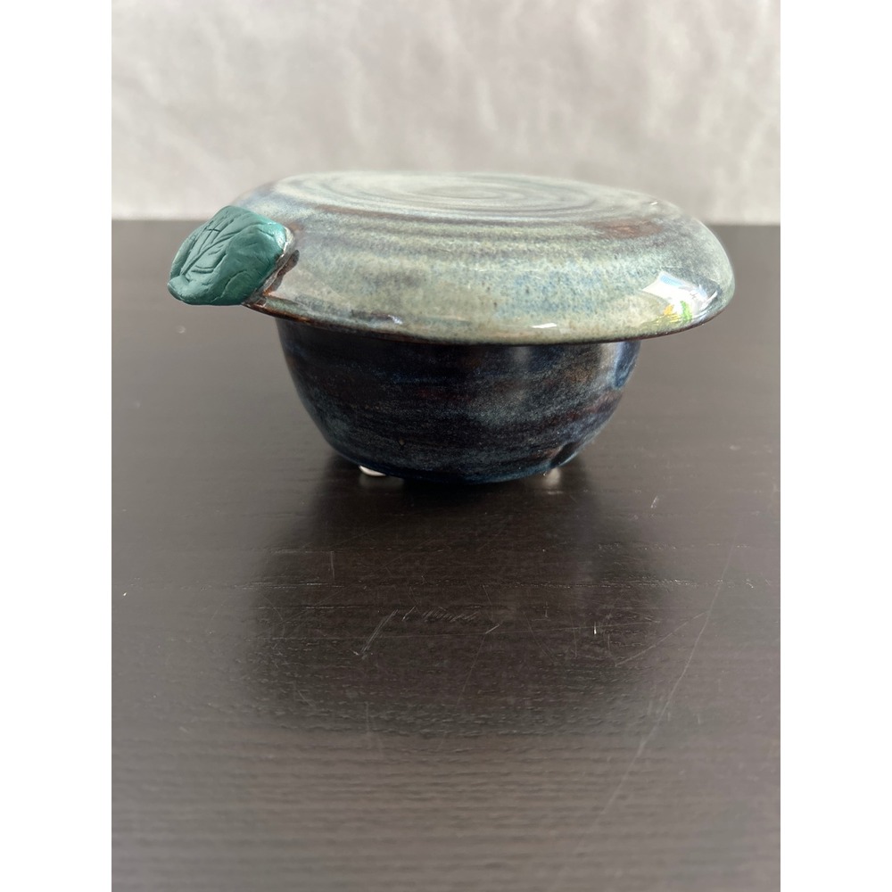 Handmade Studio Pottery Butter Bell French Keeper Blue Green Glaze Leaf Detail